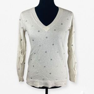 J. Crew Ivory V-Neck Sweater with Charcoal Dots merino wool M Petite